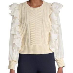 Avantlook Women’s Size S Cream Ivory Cable Knit Chiffon Ruffled Sleeved Sweater